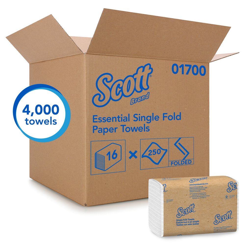 Scott® Singlefold Paper Towel, 1-Ply, White, EcoLogo®, 250/PkX16/Cs