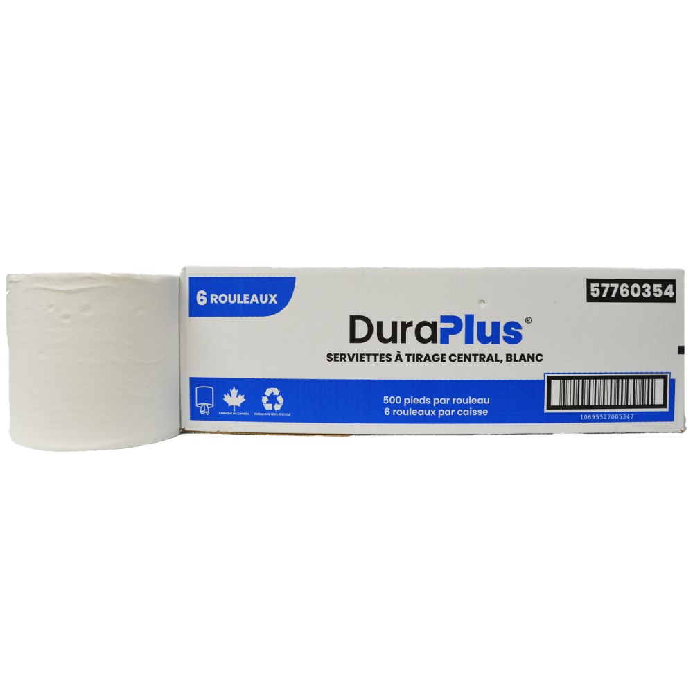 DURA PLUS Center Pull Hand Towel Roll, 2-Ply, White, 6/Cs