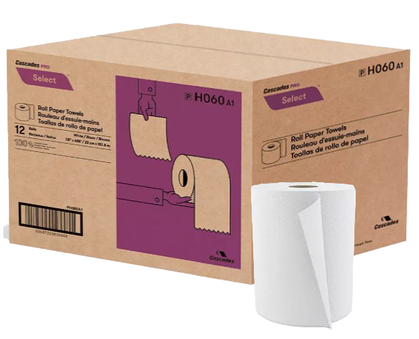 Cascades® PRO Select™ Hand Paper Towel Roll, White, 8" X 600', 12/Case