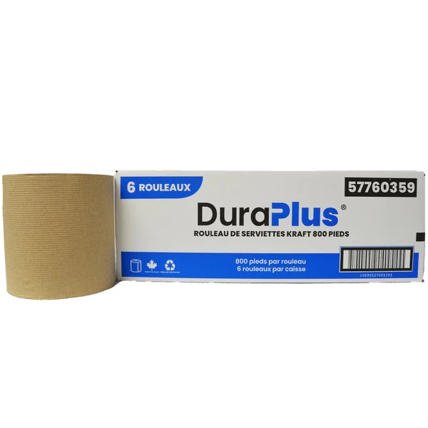 DURA PLUS Hand Paper Towel Roll, Brown, 8" X 800', 6 /Case