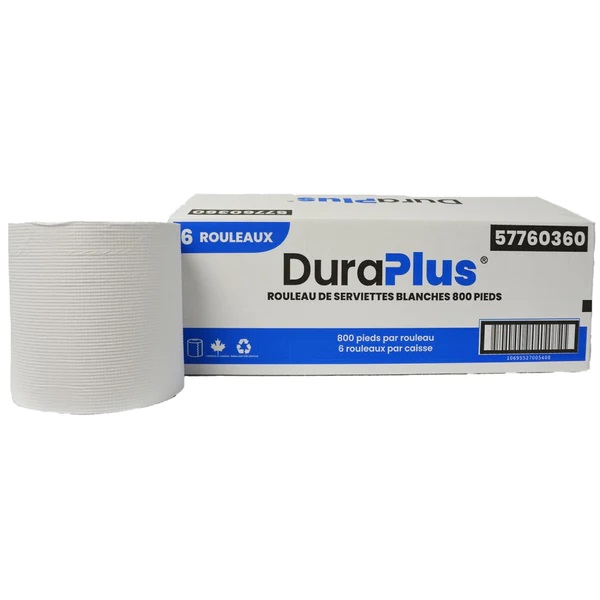 DURA PLUS Hand Paper Towel Roll, White, 8" X 800', 6/Case