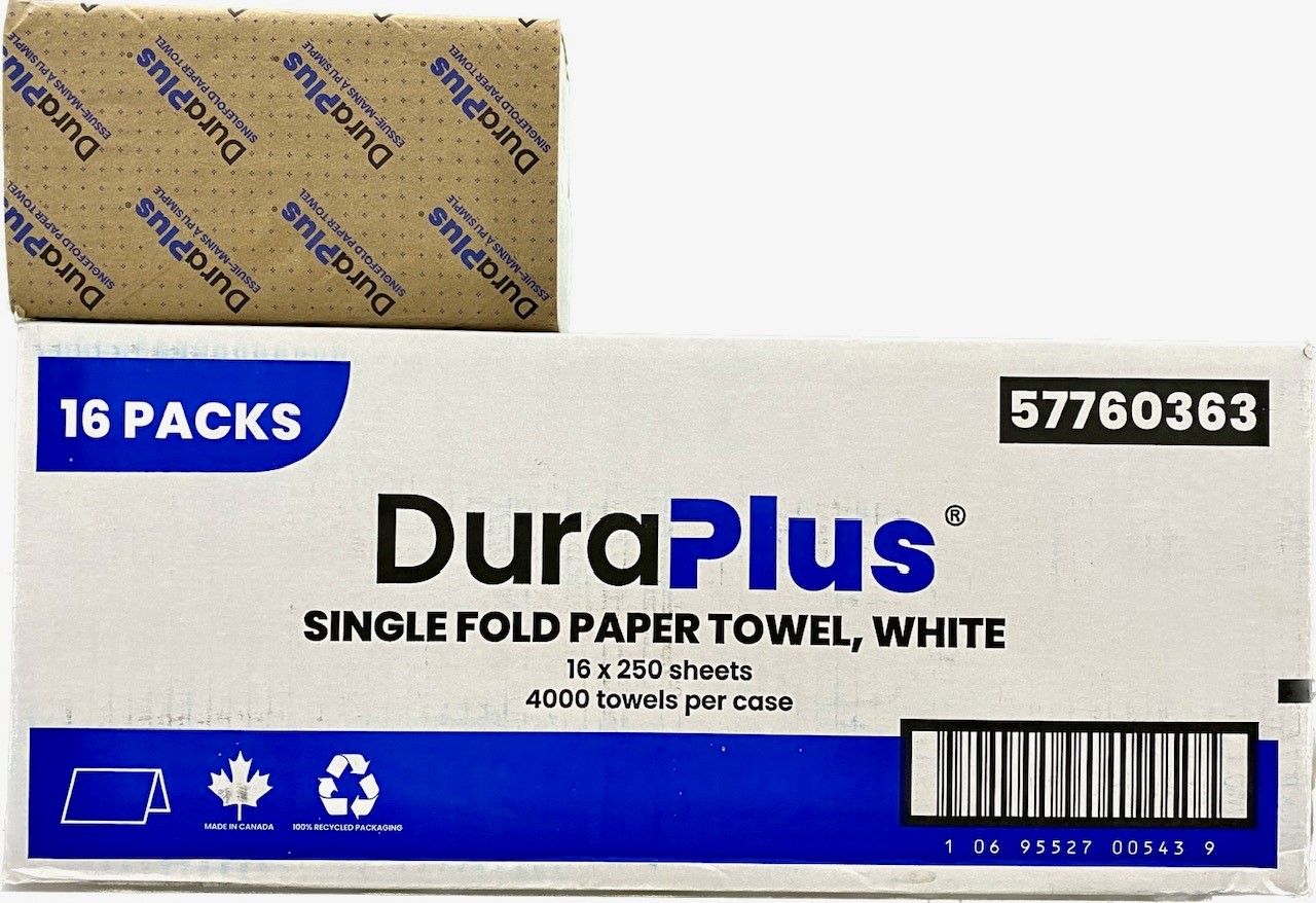 DURA PLUS SingleFold Hand Towels, White, 9"x9.45", 250/Pk
