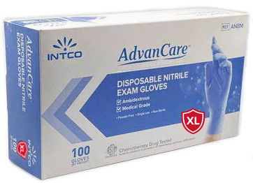 XL INTCO® AdvanCare™ Disposable Nitrile Exam Gloves Powder Free,100/Bx