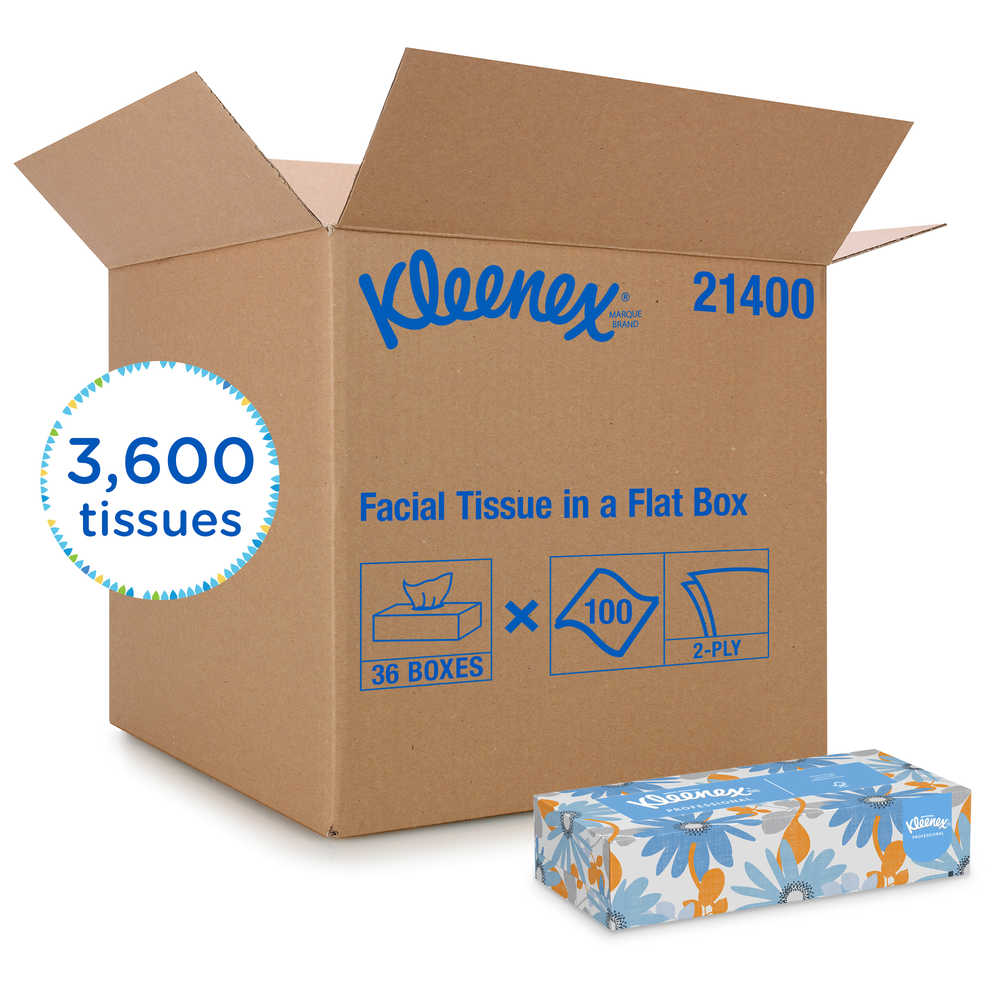 Kleenex® Facial Tissue, White, Flat Box, 100 sheets/bx, 36 Boxes/Case