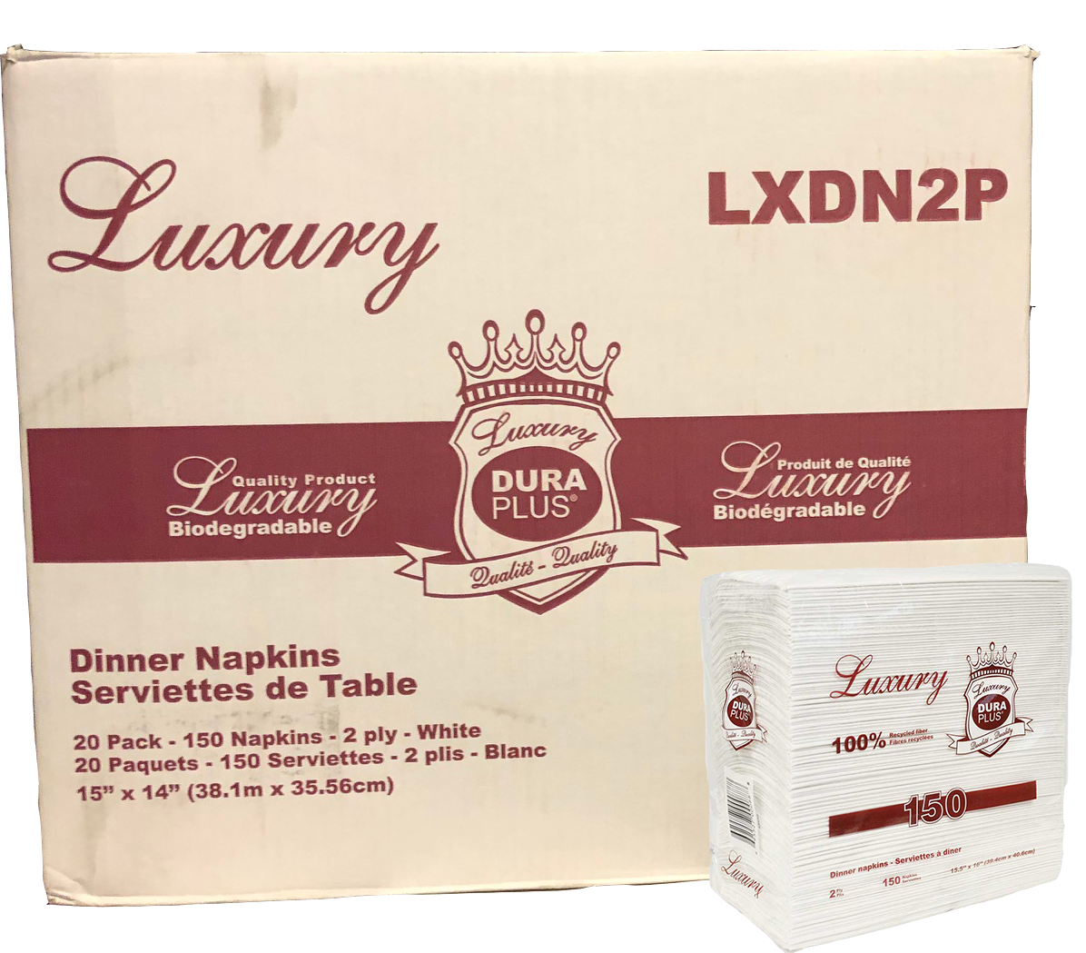 Dura Plus® Luxury™ 2-Ply Dinner Napkins, White, 16" x 15", 150/Pack