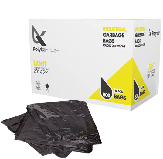 20"X22" Polykar® Utility Garbage Bags, Black, 0.65mil, 500/Case