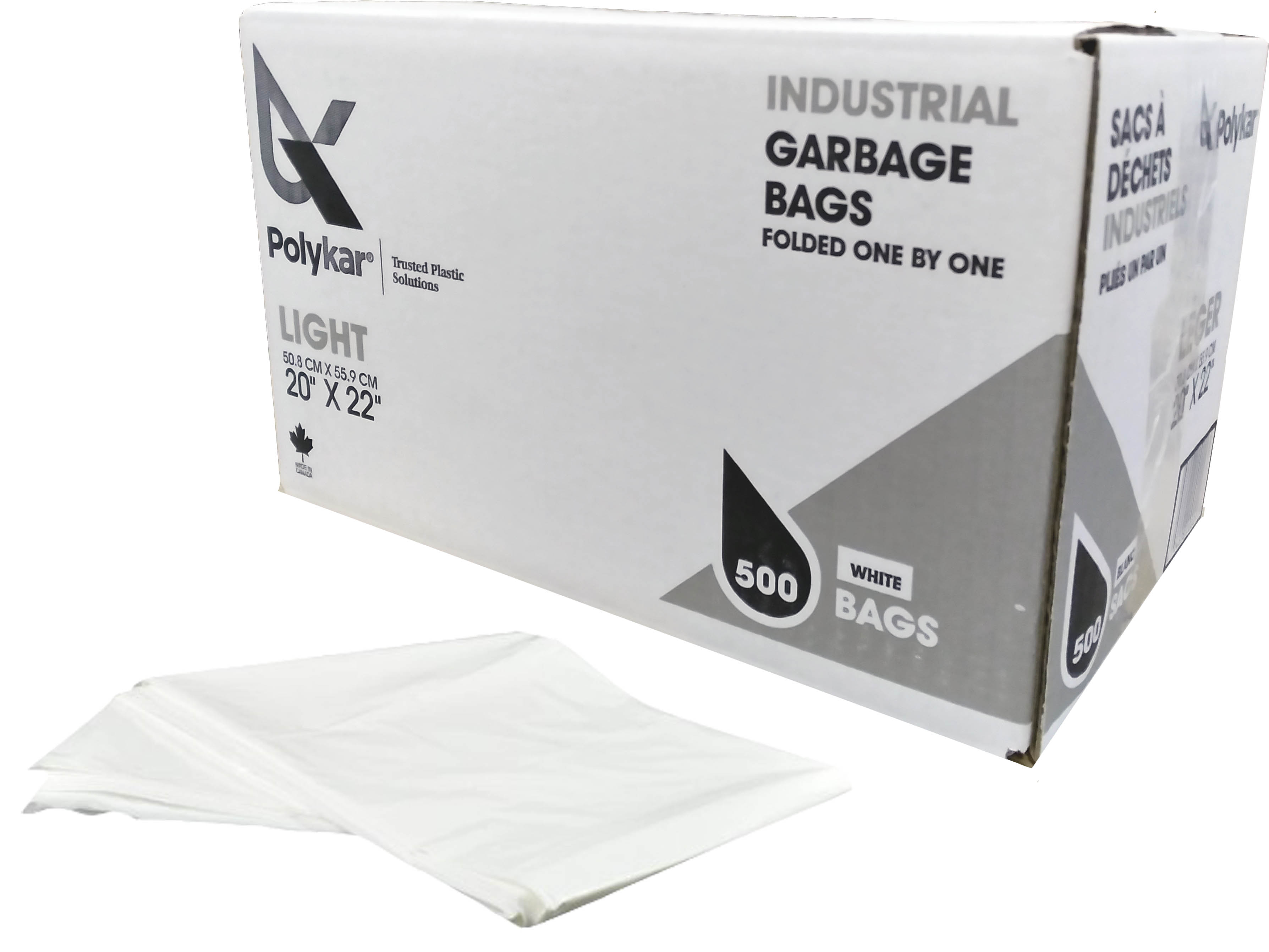 20"X22" Polykar® Utility Garbage Bags, White, 0.65mil, 500/Case