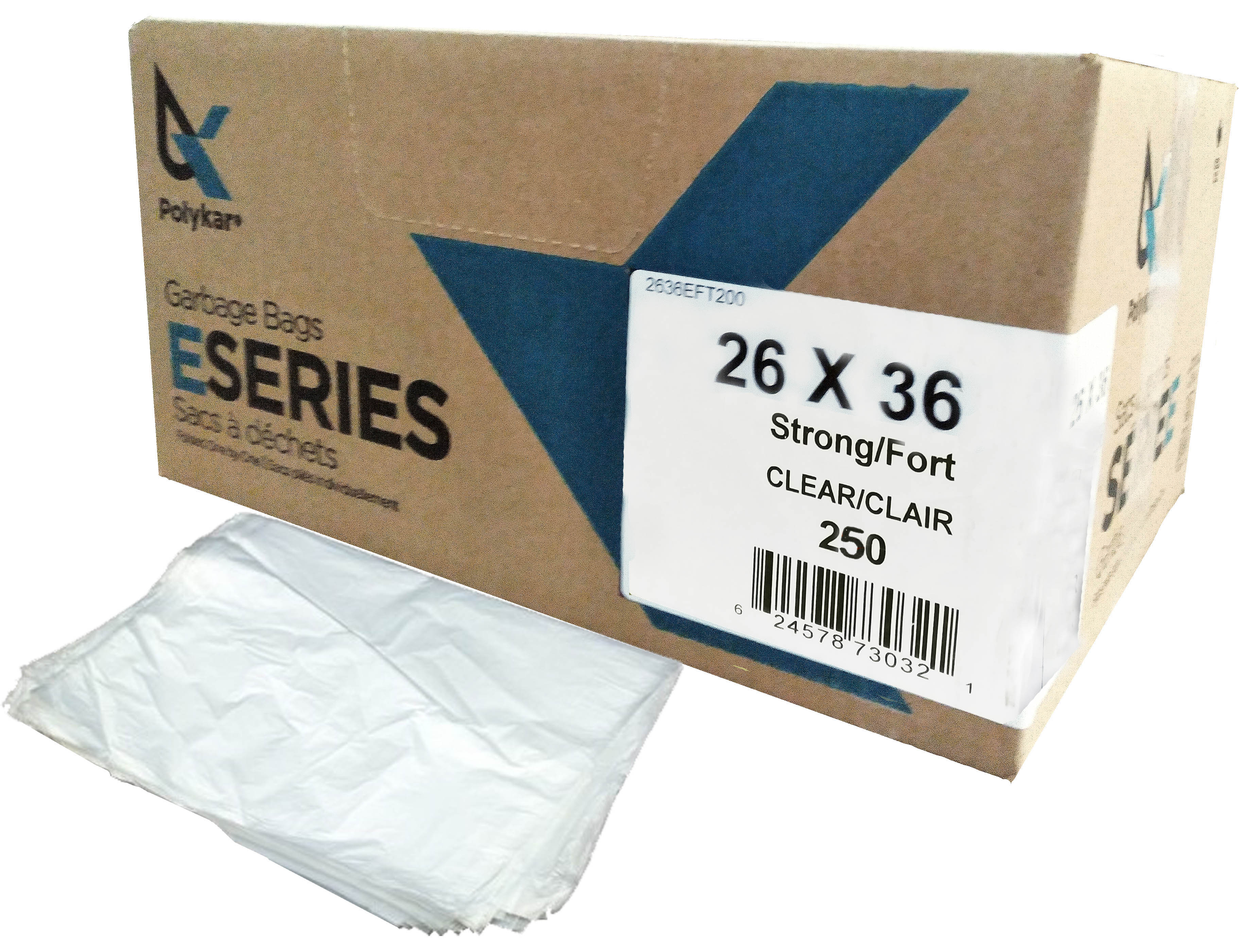 26"X36" Polykar® Strong* Garbage Bags, Clear, 0.90mil, 250/Case