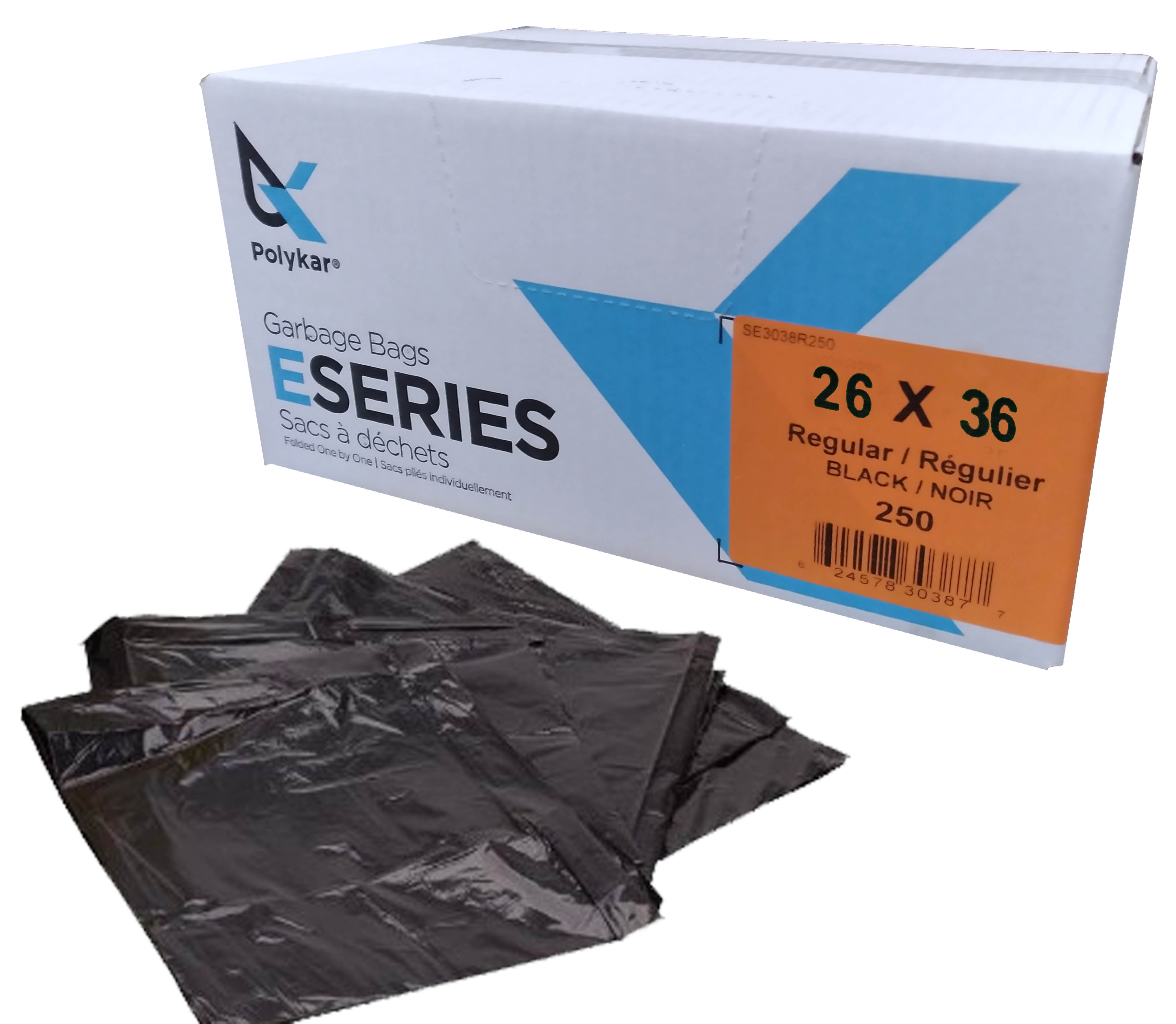 26"X36" Polykar® Utility Garbage Bags, Black, 0.70mil, 250/Case