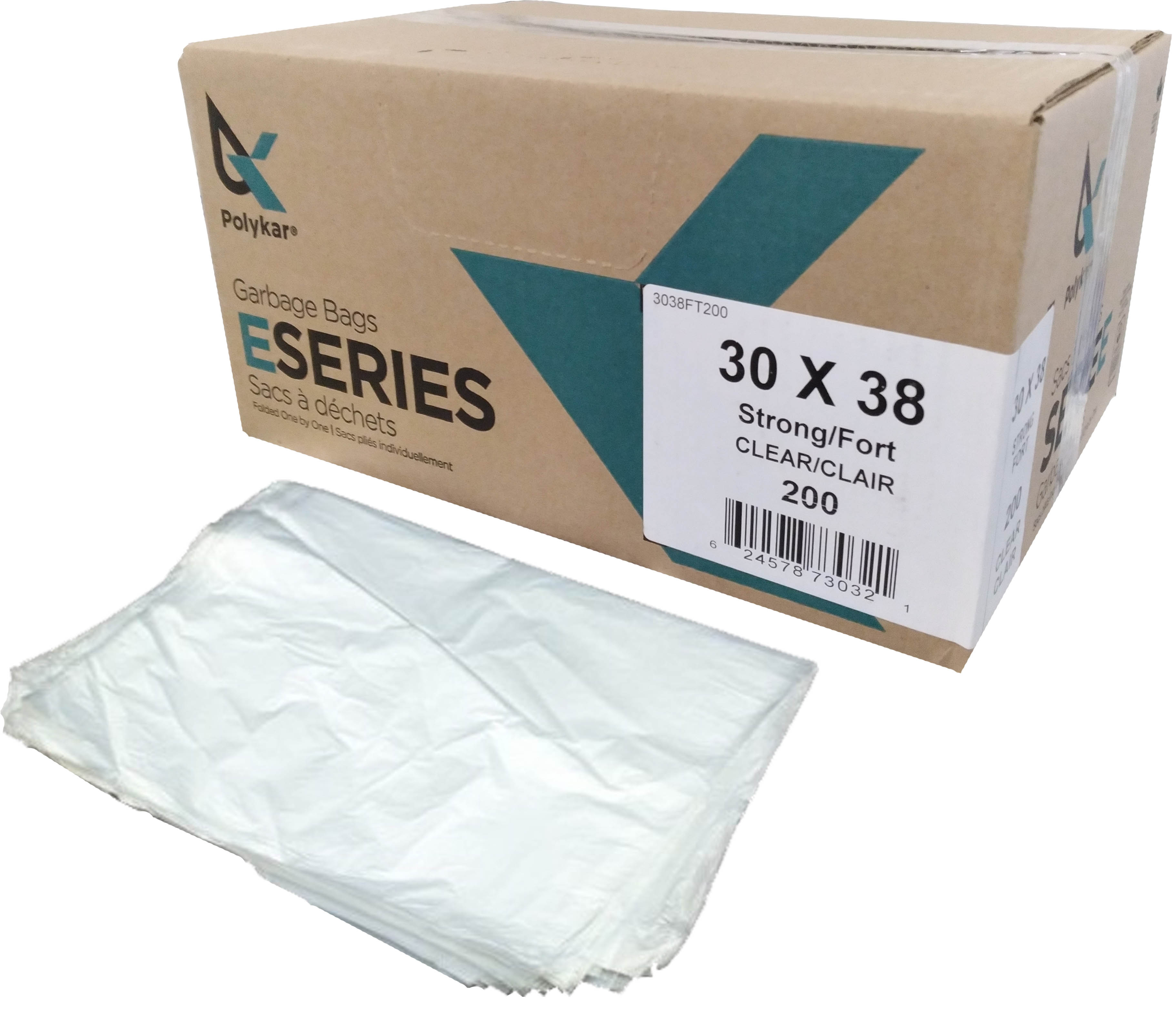 30"x38" Polykar® Strong* Garbage Bags, Clear, 0.90mil, 200/Case