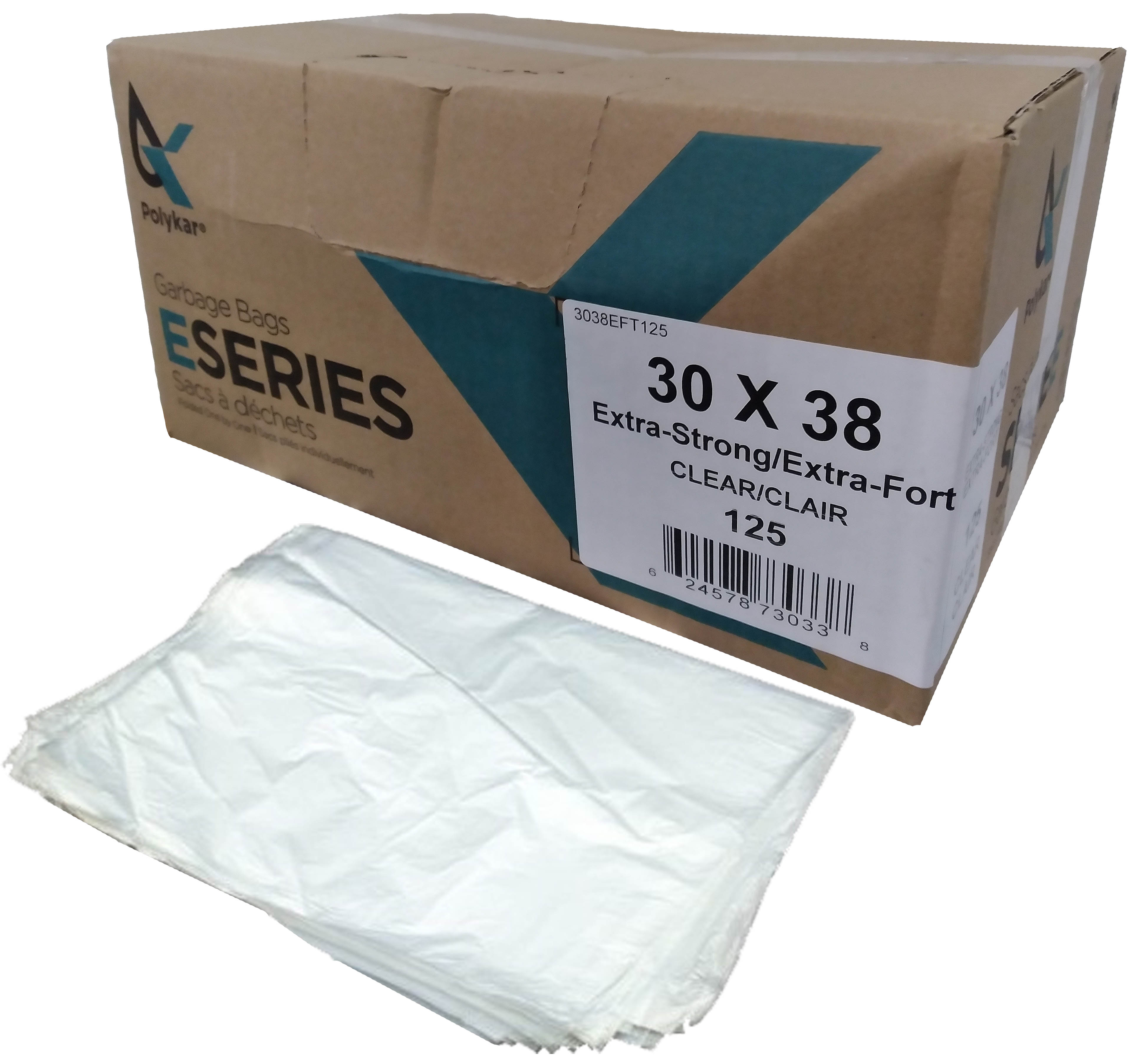 30"X38" Polykar® X-Strong* Garbage Bags, Clear, 1.20mil, 125/Case