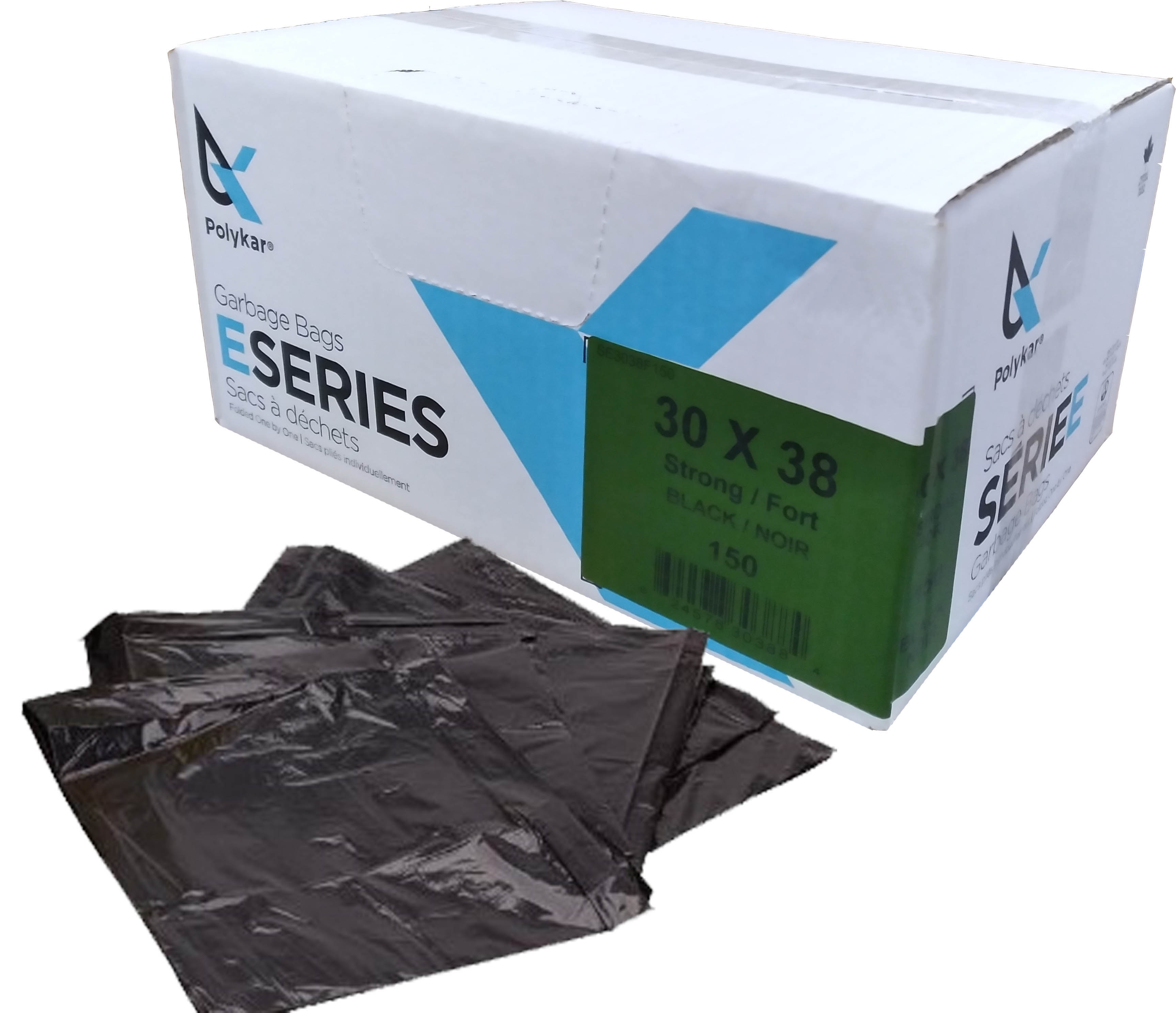 30"x38" Polykar® Strong* Garbage Bags, Black, 0.90mil, 150/Case