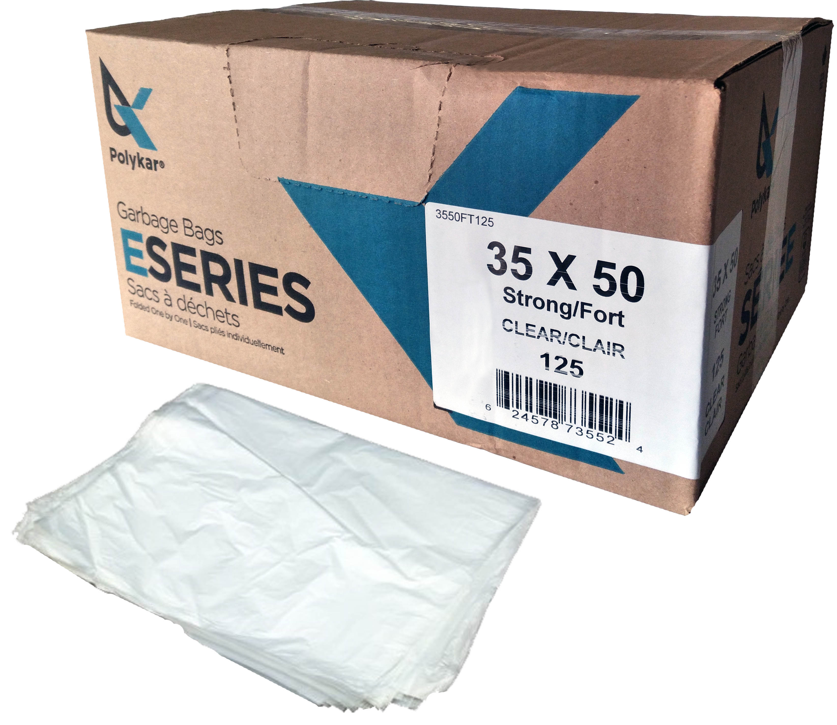 35"x 50" Polykar® Strong* Garbage Bags, Clear, 0.90mil, 125/Case