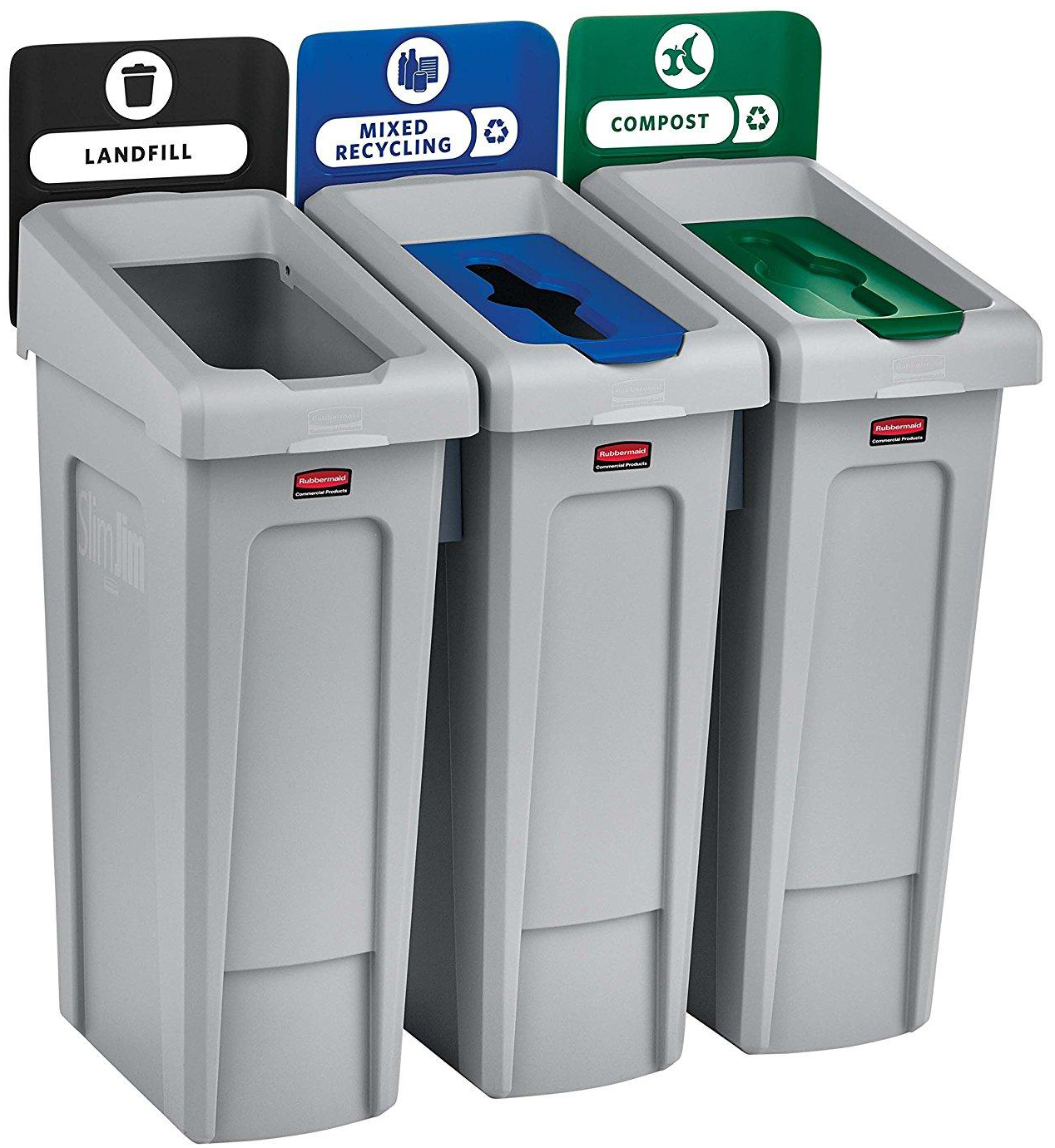 Rubbermaid® Slim Jim™ Recycling Station,3 Bins, Landfill/Mixed/Compost