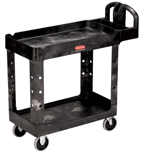 Rubbermaid® 2 Shelf Utility Cart, Plastic, Black, with Lipped Shelf