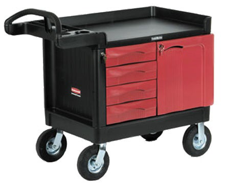 Rubbermaid® Trademaster™ Cart w/4 Drawers & Cabinet, Black & Red