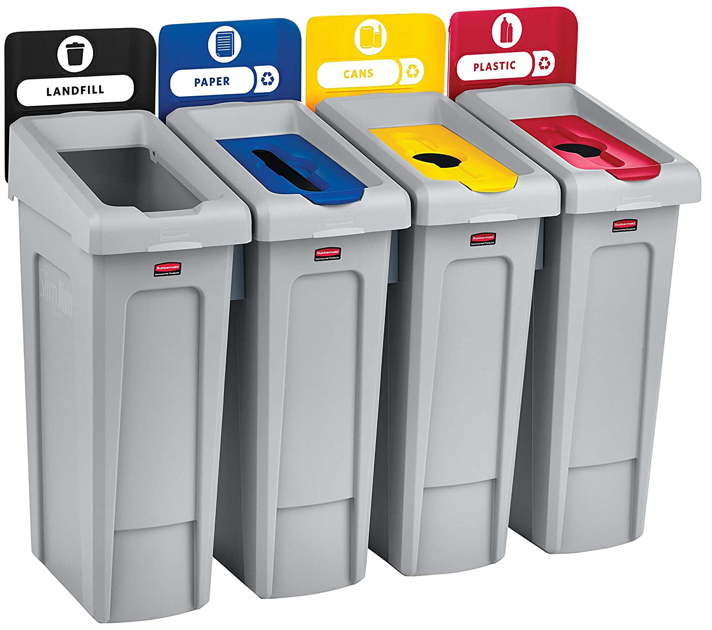 Rubbermaid® Slim Jim™ Recycling Stn,4 Bins, Landfill/Paper/Plastic/Can